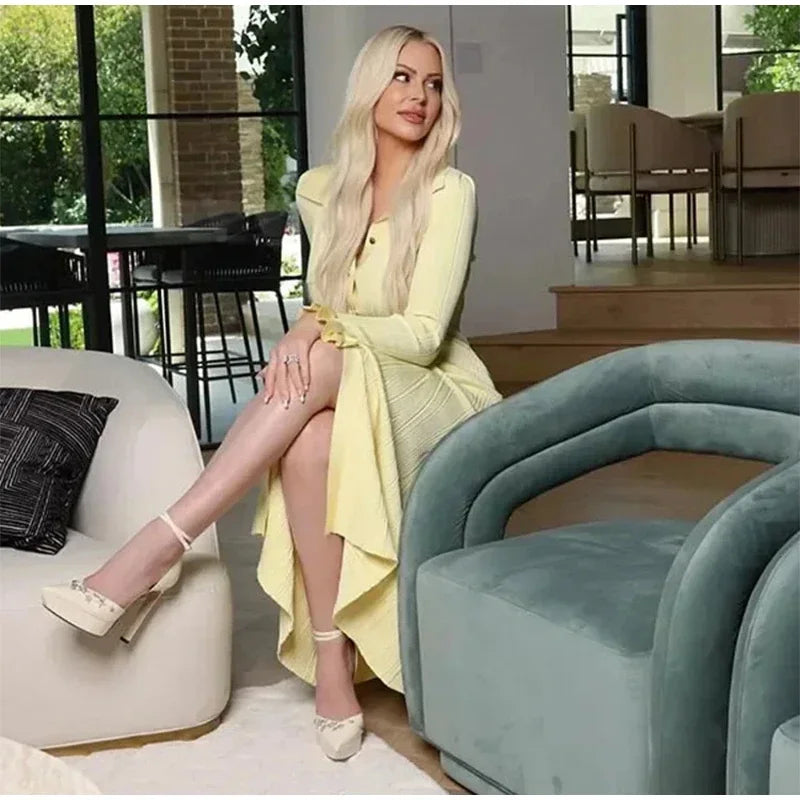 Elegant Knit Ribbed Single Breasted Long Dress Women Slim Lapel Flare Sleeve Pockets Female Dresses Autumn Lady Solid Robes